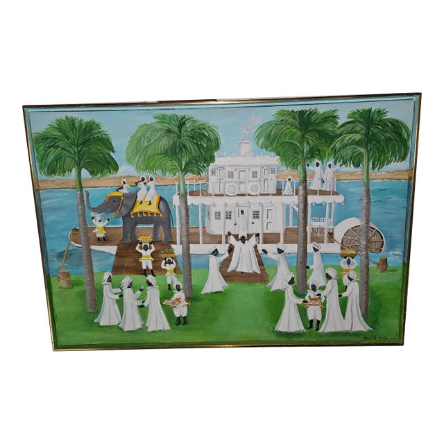 Rare Folk Art Painting of Procession on the Nile by Mari Boies Watts From Oldwick Nj For Sale
