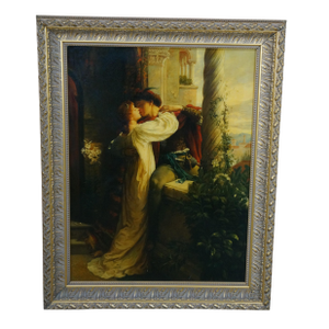 Late 20th Century Romeo & Juliet Romantic Renaissance Painting on Canvas Framed Frank Dicksee 48"