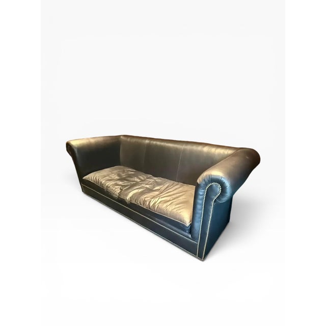 1990s Ralph Lauren Vintage Brompton Distressed Leather Sofa, English Cowhide & Custom Wool Cushions Cushions For Sale - Image 9 of 14