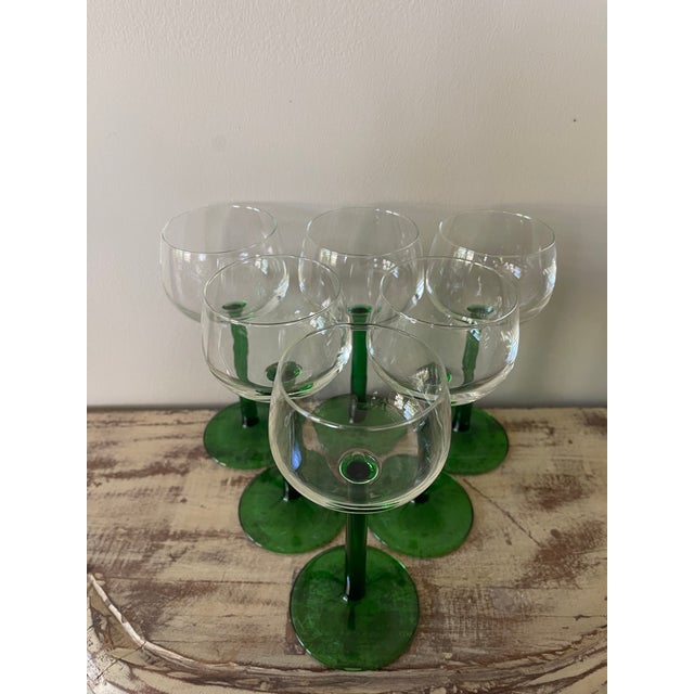 Mid-Century Modern Mid 20th Century French Luminarc 6 Green Stem Wine Glass For Sale - Image 3 of 4