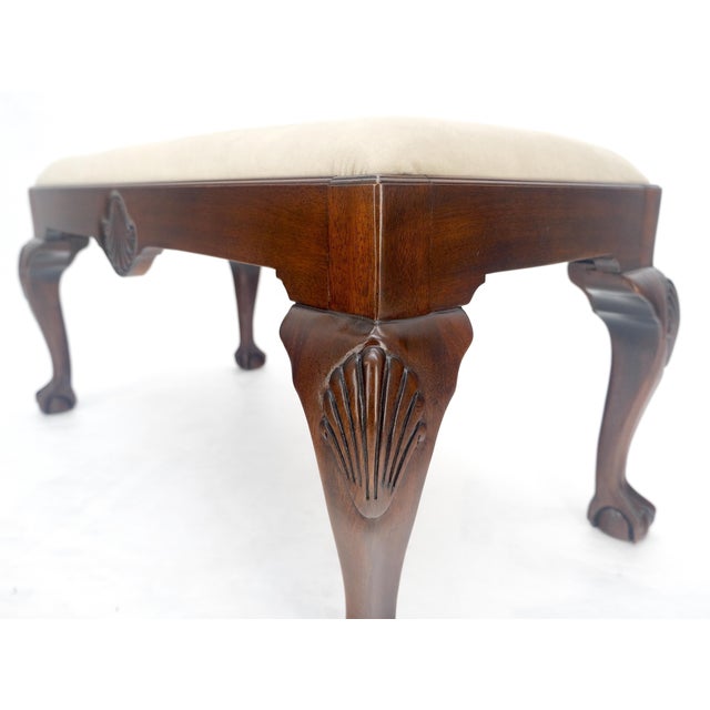 Carved Mahogany Ball & Claw Chippendale Feet Ultra Suede Upholstery Bench MINT For Sale - Image 6 of 8