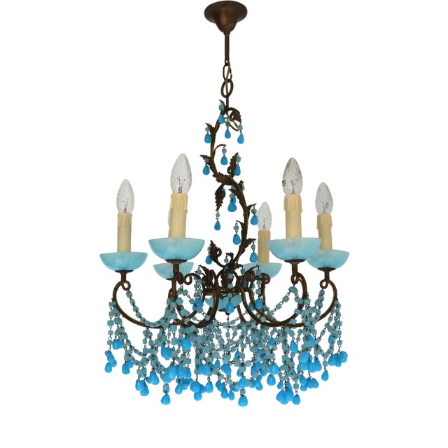 Vintage French Opaline Blue Beaded Chandelier, 1920 For Sale