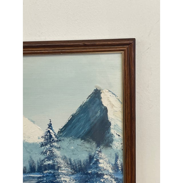 Mid-Century Modern Vintage Framed Snow-Capped Mountain Lake Landscape Painting, Signed, Blue Tonal Scenic Wall Art.. For Sale - Image 3 of 9