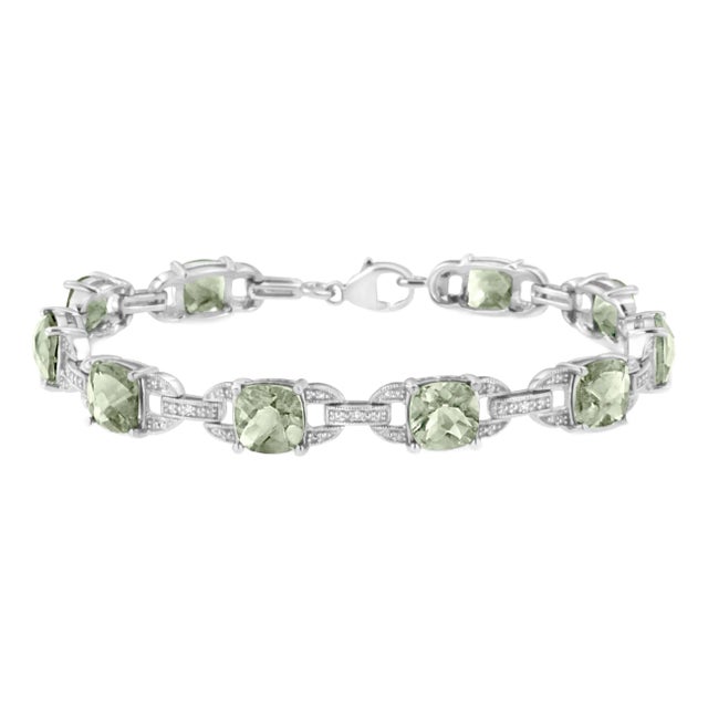 .925 Sterling Silver 7x7 mm Cushion Cut Green Amethyst and 1/20 cttw Round Cut Diamond Fashion Tennis Bracelet - 7" For Sale