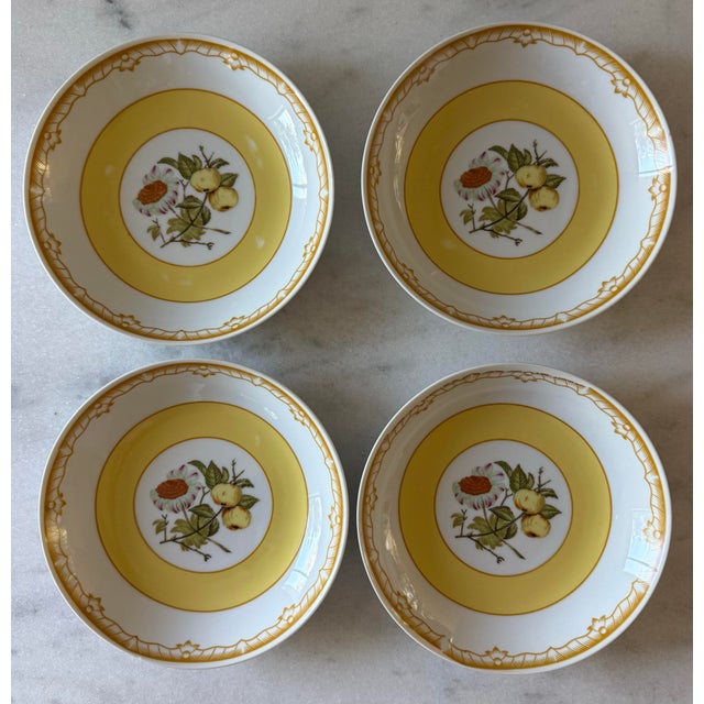 Vintage set of 4 bowls in the Somerset pattern by Georges Briard featuring a vibrant yellow inner band on the rim and a...