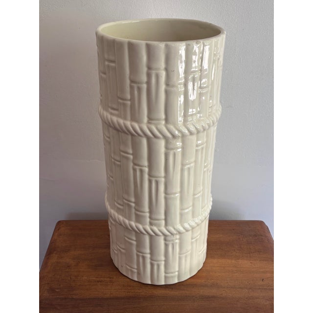 White 1980s Coastal Regency Ceramic Glazed Faux Bamboo Umbrella Stand For Sale - Image 8 of 8