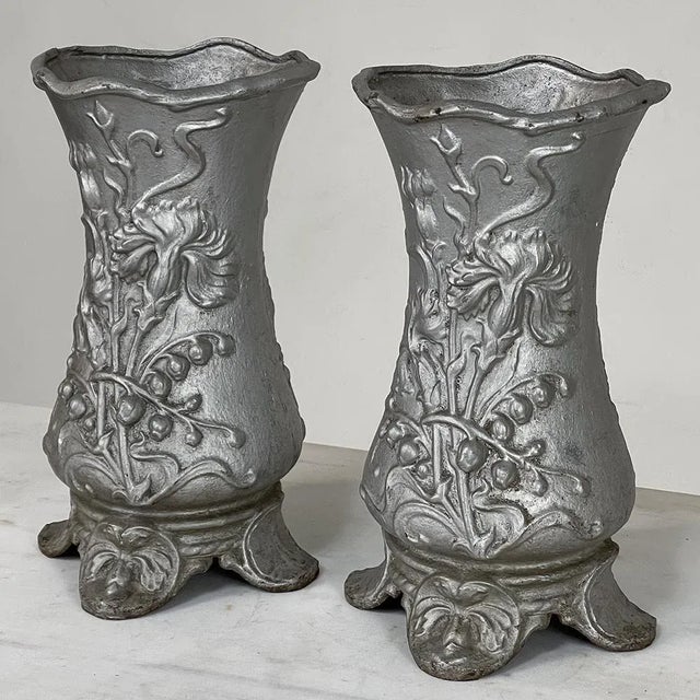Pair Art Nouveau Cast Iron Painted Jardinieres ~ Urns are ready to add timeless symmetry to your decorating! Hand-cast in...