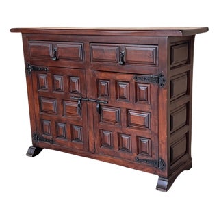 Late 19th Century Spanish Baroque Carved Walnut Tuscan Two Drawer Credenza or Buffet For Sale