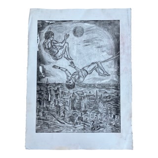 1980’s Original Surreal Large Etching Acrobats Flying Over Village For Sale