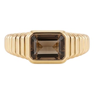 Natural Smoky Quartz Ring | 18k Gold Plated Ribbed Signet Ring | Bezel Set Horizontal Gemstone Ring Us 7 For Sale