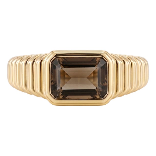 Natural Smoky Quartz Ring | 18k Gold Plated Ribbed Signet Ring | Bezel Set Horizontal Gemstone Ring Us 7 For Sale