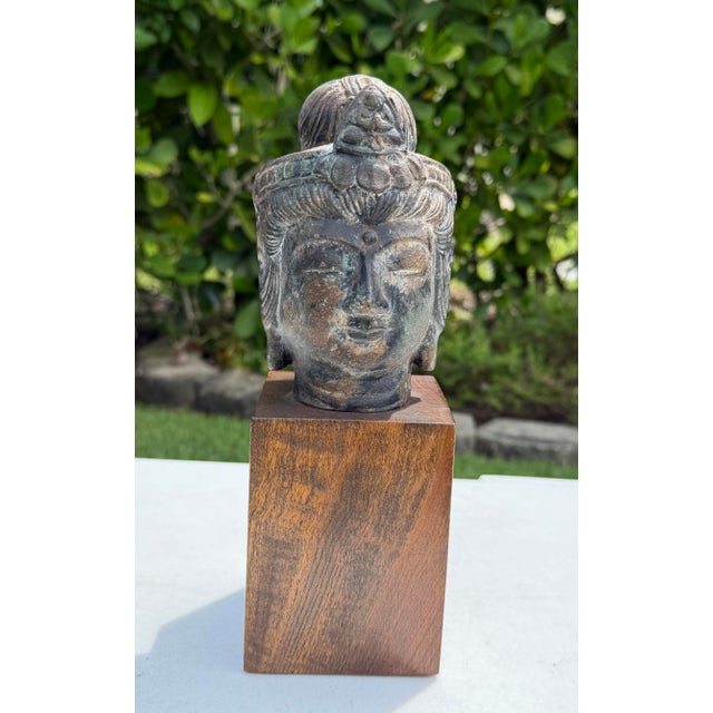 Vintage Asian Bronze Buddha Head on Wood Pedestal For Sale - Image 4 of 12