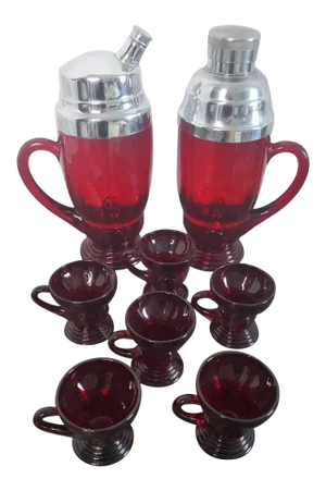 Antique American Art Deco 10 Piece Ruby Red Glass Bar Set