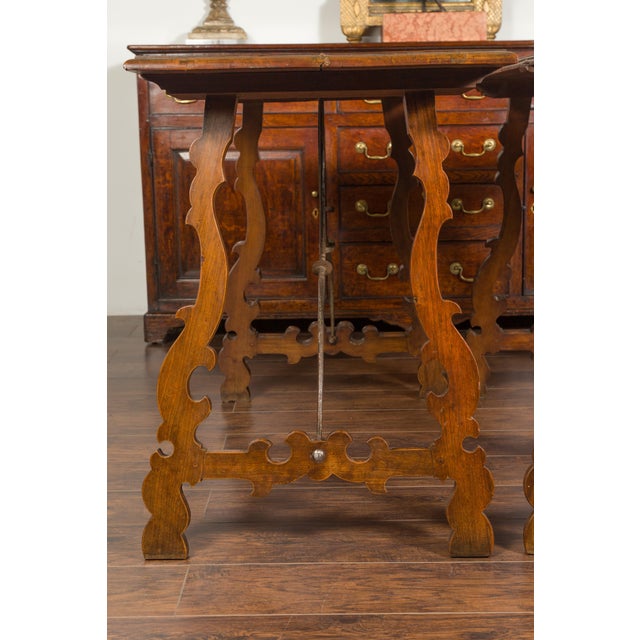 Pair of Spanish Baroque Style 1880s Walnut Console Tables with Iron Stretchers For Sale - Image 9 of 12