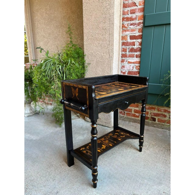 Antique English Sofa Side Table Decoupage Botanical Floral Black Gold C1890 For Sale - Image 15 of 18