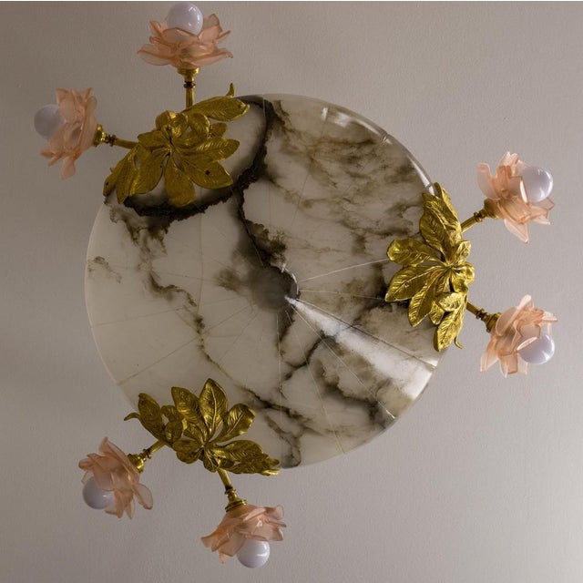 Metal French Art Nouveau Chandelier with Alabaster Bowl & Pink Glass Shades, 1920 For Sale - Image 7 of 18