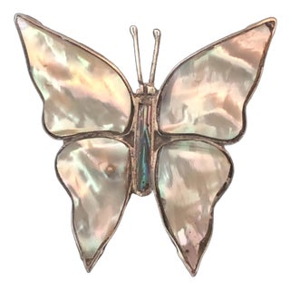 Vintage Mexican Mother of Pearl Sterling Butterfly Pin Brooch For Sale
