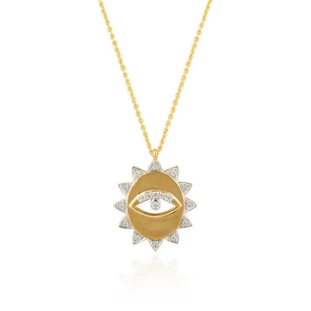 Metal Medallion Diamond Evil Eye Necklace in 18k Yellow Gold- Gift for Christmas For Sale - Image 7 of 13