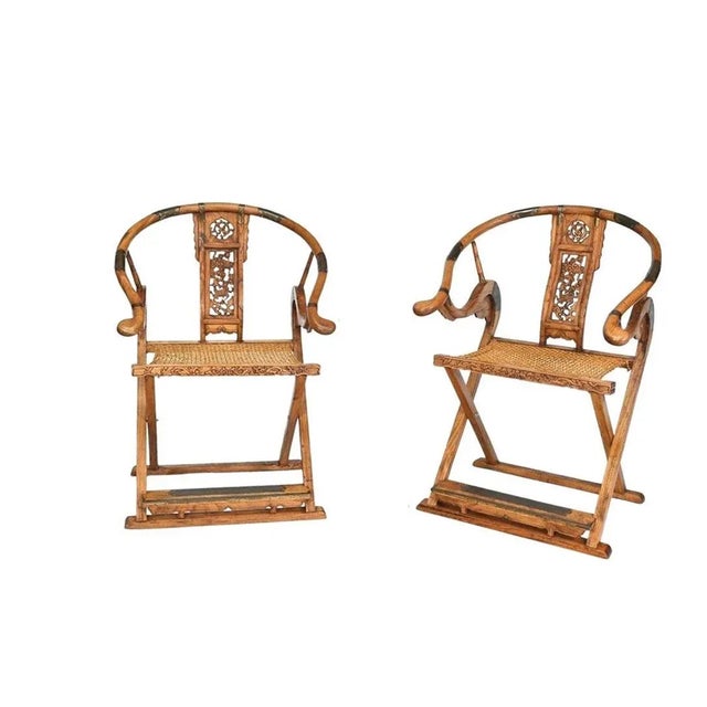 Tan 19th Century Pair Chinese Antique Horseshoe Folding Chairs For Sale - Image 8 of 8