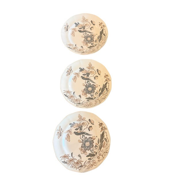 Chinoiserie Vintage Adams India Parrot Gray Chinoiserie Ironstone Salad Plates, Set of 3 For Sale - Image 3 of 12