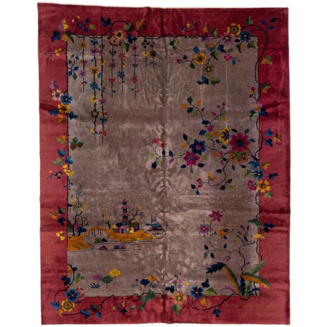 Textile 1920s Antique Art Deco Brown and Red Chinese Handmade Wool Rug For Sale - Image 7 of 7