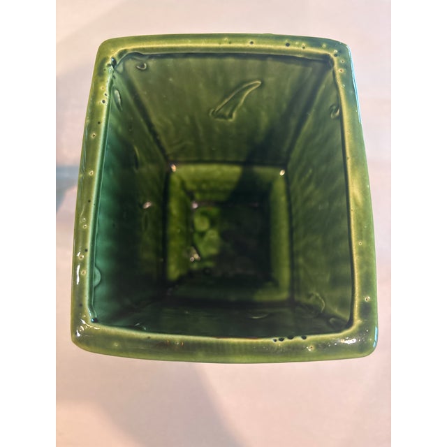 Pair of Vintage Green Ribbed Ceramic Cachepots With Pedestal Bases, Art Deco Style For Sale - Image 12 of 12