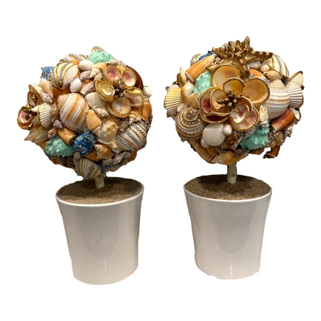 Handmade SeashellCoastal Topiaries in White Ceramic Pots - A Pair For Sale