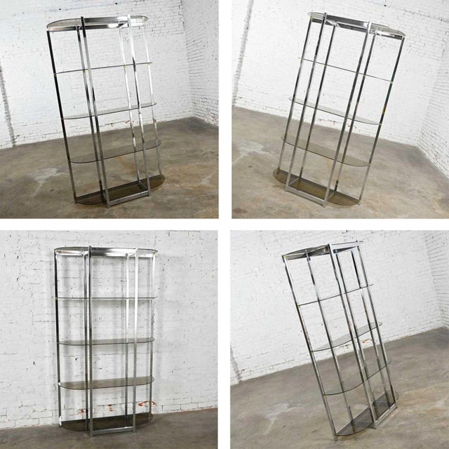 Mid-Century Modern Bow Shape Chrome Etagere 5 Smoked Glass Shelves Style of James David or Dia For Sale - Image 9 of 12