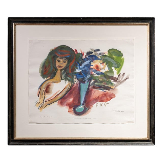 Friedrich Karl Gotsch, Hanne Next to a Vase of Flowers, Watercolor For Sale