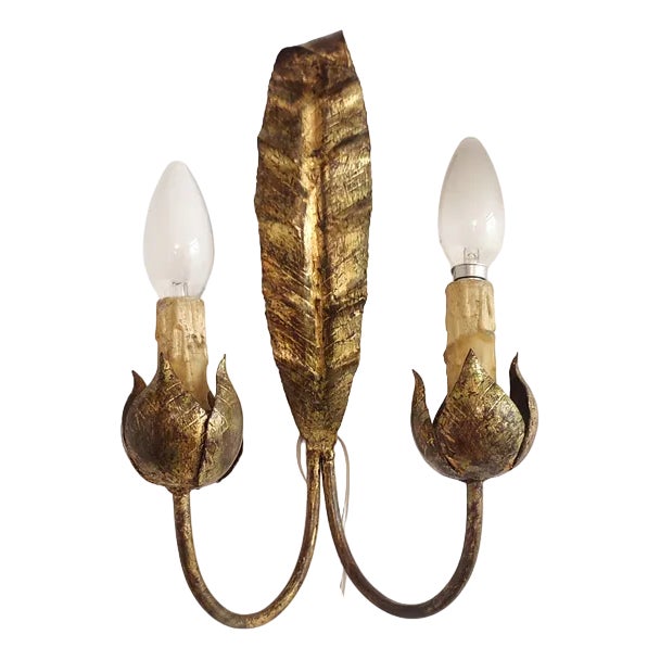 Wrought Iron and Gold Leaf Wall Light, Spain, 1970s For Sale