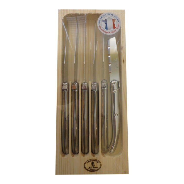 Set of 6 French Jean Dubost Laguiole Stainless Steel Steak Knives For Sale
