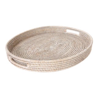 Artifacts Rattan Oval Tray with Cutout Handles in White Wash - 18" For Sale