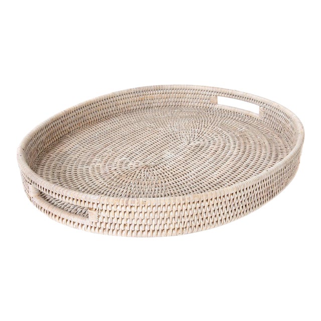 Artifacts Rattan Oval Tray with Cutout Handles in White Wash - 18" For Sale