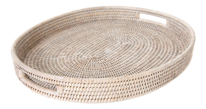 Artifacts Rattan Oval Tray with Cutout Handles in White Wash - 18"