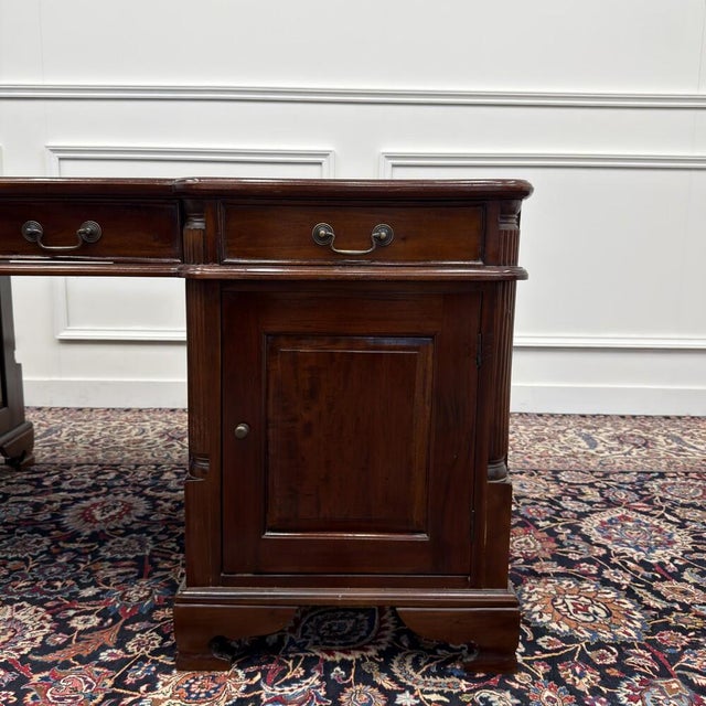 English Partner Desk in Green Leather For Sale - Image 11 of 18