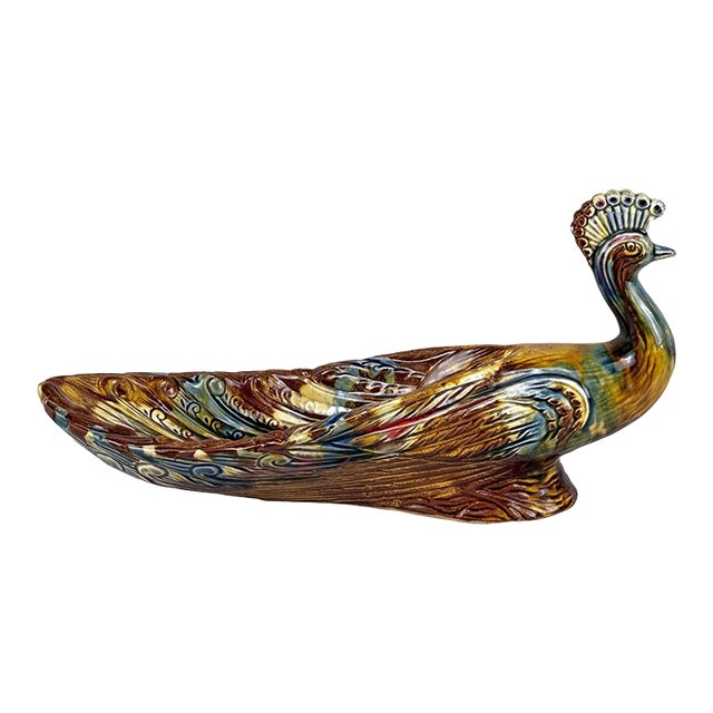 Mid-Century 15" Ceramic Peacock Candy Dish W/ Multi-Color Glaze For Sale