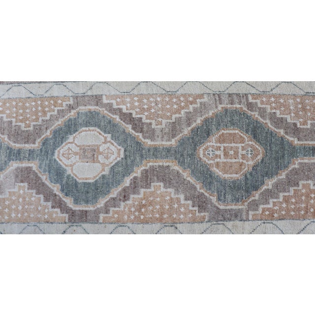 Long Turkish Oushak Runner With Soft Green Field and Beige Medallions For Sale - Image 10 of 16