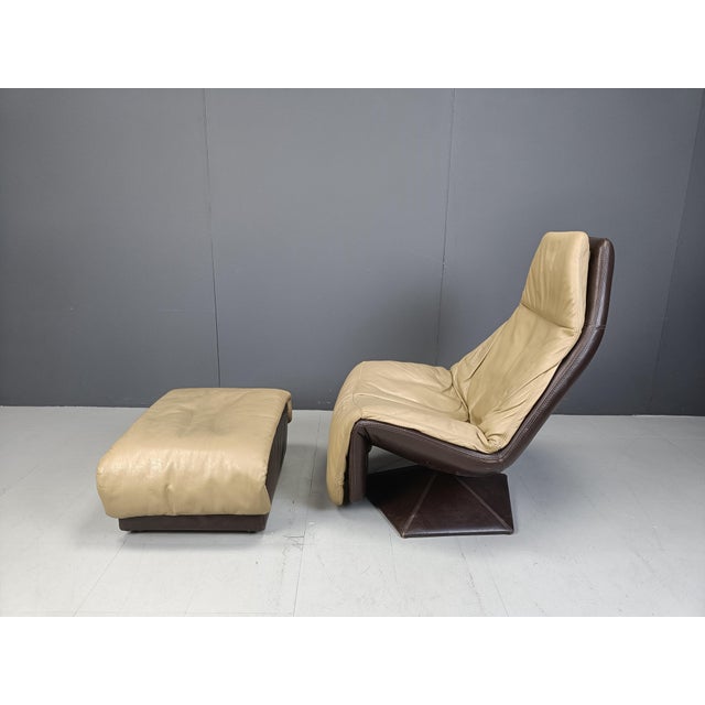 Set of Vintage Leather Swivel Chair and Ottoman, 1970s For Sale - Image 10 of 11