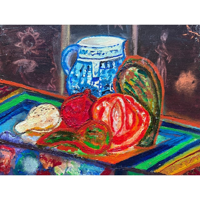 Early 21st Century Colorful Still Life With Blue Pitcher, Oil Painting For Sale - Image 5 of 12