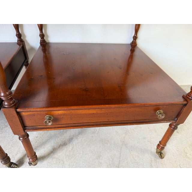 Hekman Regency Style Olive Wood & Mahogany End Tables With Drawer and Casters – A Pair For Sale In Miami - Image 6 of 12