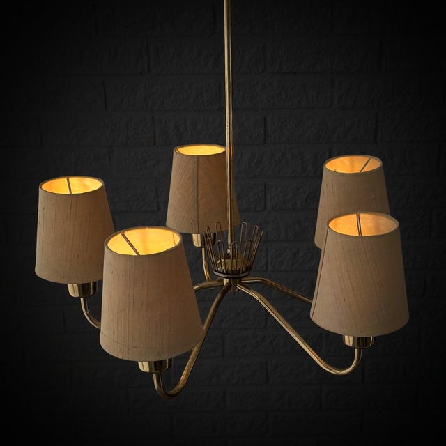 1950s Mid-Century Brass and Textile Chandelier from Asea, Sweden, 1950s For Sale - Image 5 of 13