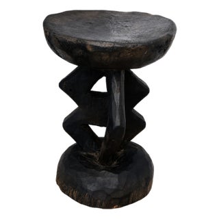 Vintage Tonga Hand Carved Wood Stool – Brutalist Sculptural Side / Plant Table, 14" For Sale