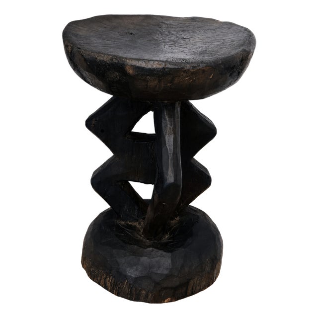 Vintage Tonga Hand Carved Wood Stool – Brutalist Sculptural Side / Plant Table, 14" For Sale