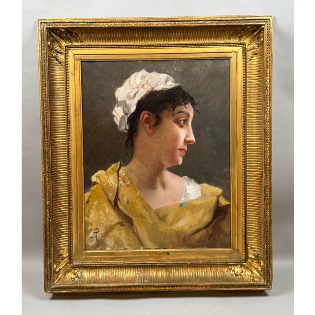 Oil on canvas depicting a profile portrait of a woman, monogrammed "EP" in the lower left corner. An elegant portrait of a...