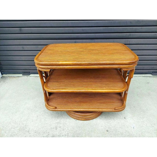 Boho Chic Vintage Mid Century Modern Rattan 3 Tier Revolving Table / Tv Stand 3 Pencil Reed Rattan Shelves. For Sale - Image 3 of 10