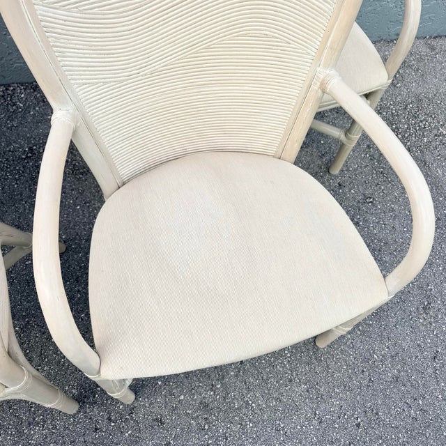 Boho Chic Boho Chic Wavy Pencil Reed and Rattan Dining Arm Chairs - Set of 4 For Sale - Image 3 of 10