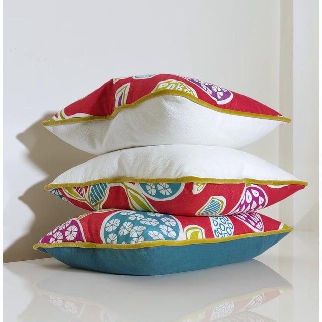 Vibrant Cottagecore Charm: Hana Chess in Ruby + Romo Miro in Beijing Blue + Down-Feather Filled Pillows = a Set of 4 For Sale - Image 4 of 17