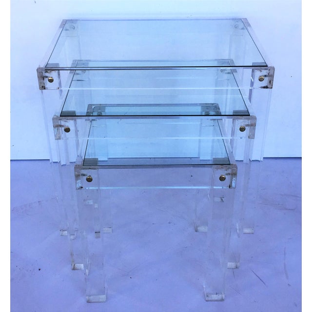 French Set of Vintage Lucite and Glass Nesting Tables For Sale - Image 3 of 10