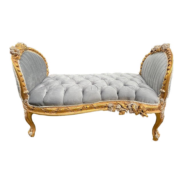 Late 20c Louis XVI Style Gray Velvet Gold Settee With Silver Details For Sale