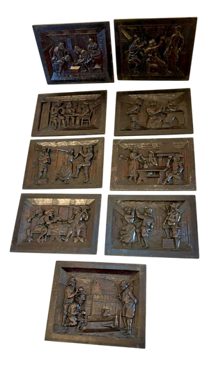 Antique Victorian Hand-Carved Oak Panels, 1860s, Set of 9